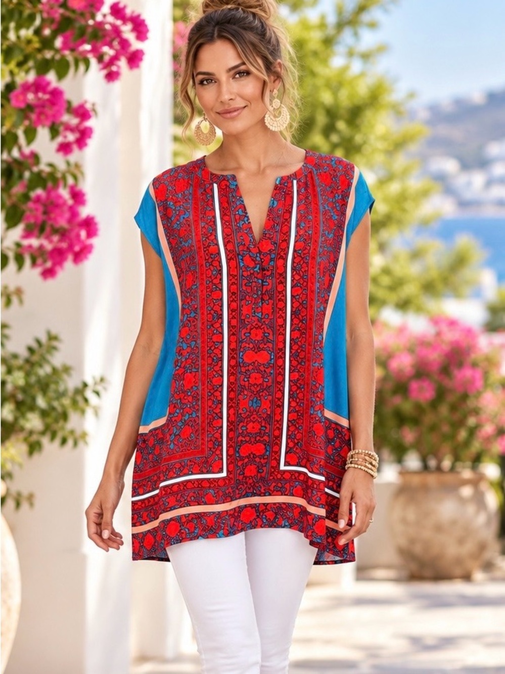 Chaus XL Red Turquoise Boho Print Caftan Tunic Top Split Neck